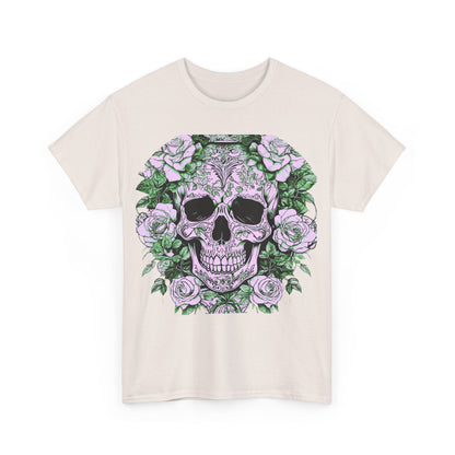 Front view of the stylish Skulls and Roses Cotton Tee featuring an intricate skull and rose graphic, offering luxurious comfort.