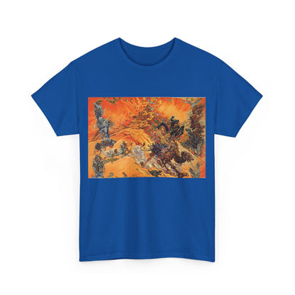 Front view of the Luxury Discworld Pyramids Graphic Unisex T-Shirt adorned with an artistic graphic depicting vibrant fantasy elements.