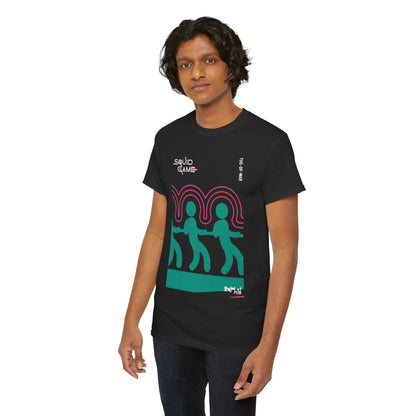 Stylish unisex cotton tee inspired by Squid Game, featuring eye-catching graphics in teal and pink, ideal for casual wear and effortlessly chic street style.