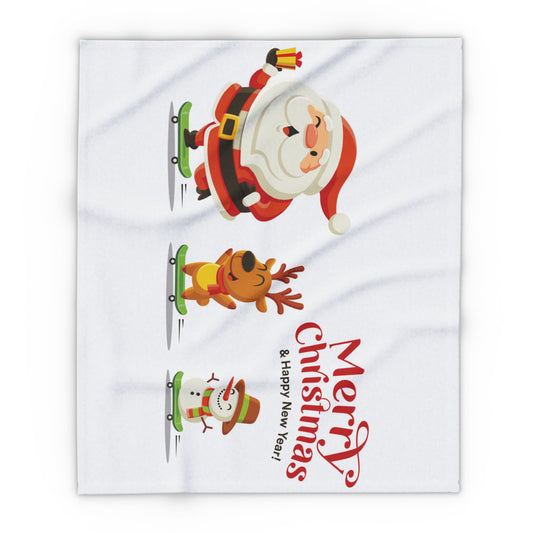 Decorative and Warm Christmas Arctic Fleece Blanket featuring joyful cartoon characters including Santa Claus, a reindeer, and a snowman, perfect for festive decor.