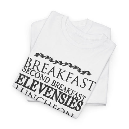 Luxurious folded white t-shirts featuring a whimsical collection of Hobbit meal names, designed for those who enjoy the finer things in life and embrace Tolkien's culinary culture.