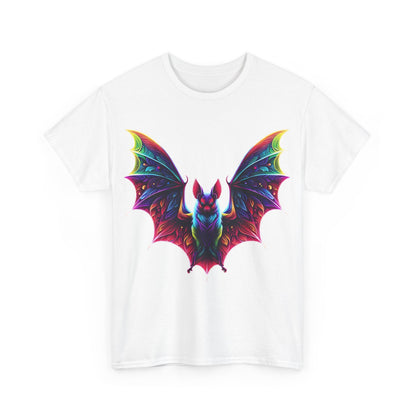 Front view of the Radiant Evolution Bat Tee, featuring a striking graphic of a colourful bat with intricate patterns on a soft white background.