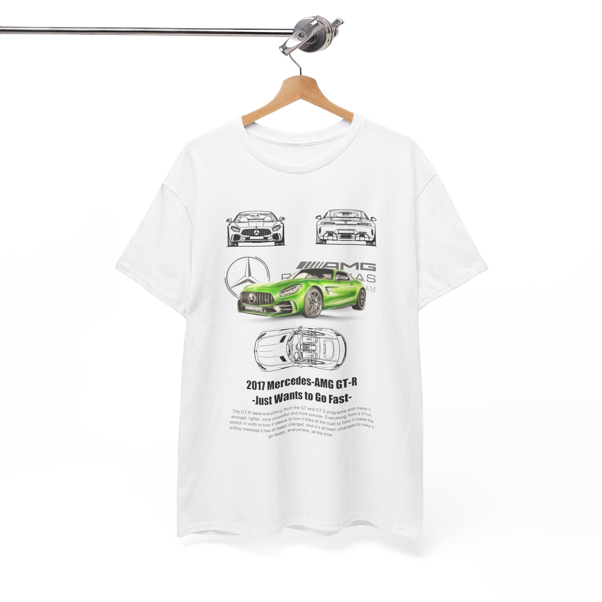 Sophisticated white T-shirt elegantly suspended on a hanger, adorned with a stunning illustration of a green Mercedes-AMG GT-R and technical sketches.
