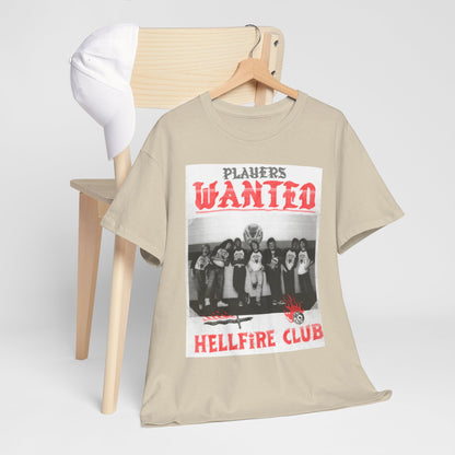 Sophisticated styling of the Hellfire Club t-shirt laid over a chair, sporting a captivating graphic of 'PLAYERS WANTED' alongside retro-inspired artwork, blending classic aesthetics with modern comfort.