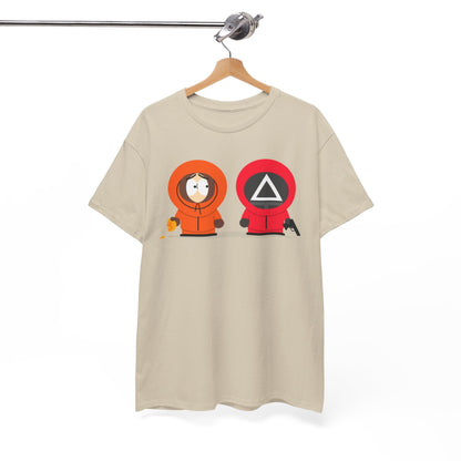 Stylish Squid Game South Park Unisex Men’s Women’s Graphic Cotton Funny T-Shirt elegantly hanging, displaying an intricate design that merges iconic characters and humour.