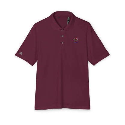 Adidas Unisex Performance Polo Shirt in deep burgundy, made with 100% recycled polyester, providing UPF 50+ protection and a luxurious appearance.