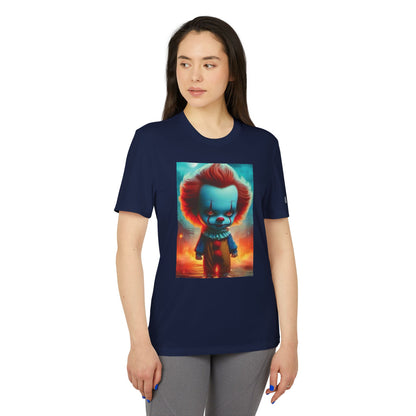 Front view of a model wearing an Adidas Unisex Halloween Pennywise Cute T-shirt in navy, featuring a charming Pennywise illustration.