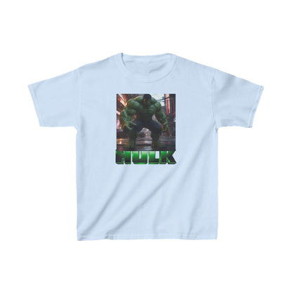 Kids Heavy Cotton Incredible Hulk T-Shirt in light blue featuring a bold Hulk design, constructed from durable cotton for long-lasting wear.