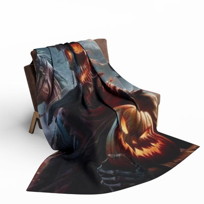 Luxurious decorative and warm Halloween spooky Arctic fleece blanket displayed elegantly on a chair, featuring intricate designs of jack-o'-lanterns and eerie elements, ideal for festive home decor.