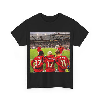 Close-up of the stylish Manchester United Mainoo Garnacho Hojlund T-Shirt design highlighting iconic players, perfect as a luxurious sports wear statement.