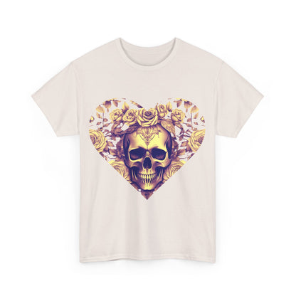 Close-up of the front design of the Luxury Skulls and Roses Cotton Tee, featuring a striking skull within a heart of roses, embodying statement style.