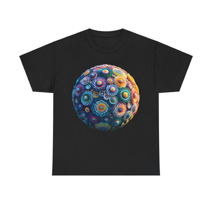 Iridescent Floral Sphere Unisex Cotton Tee Graphic T-Shirt on black background, showcasing vibrant, iridescent floral sphere design, perfect for stylish casual wear.