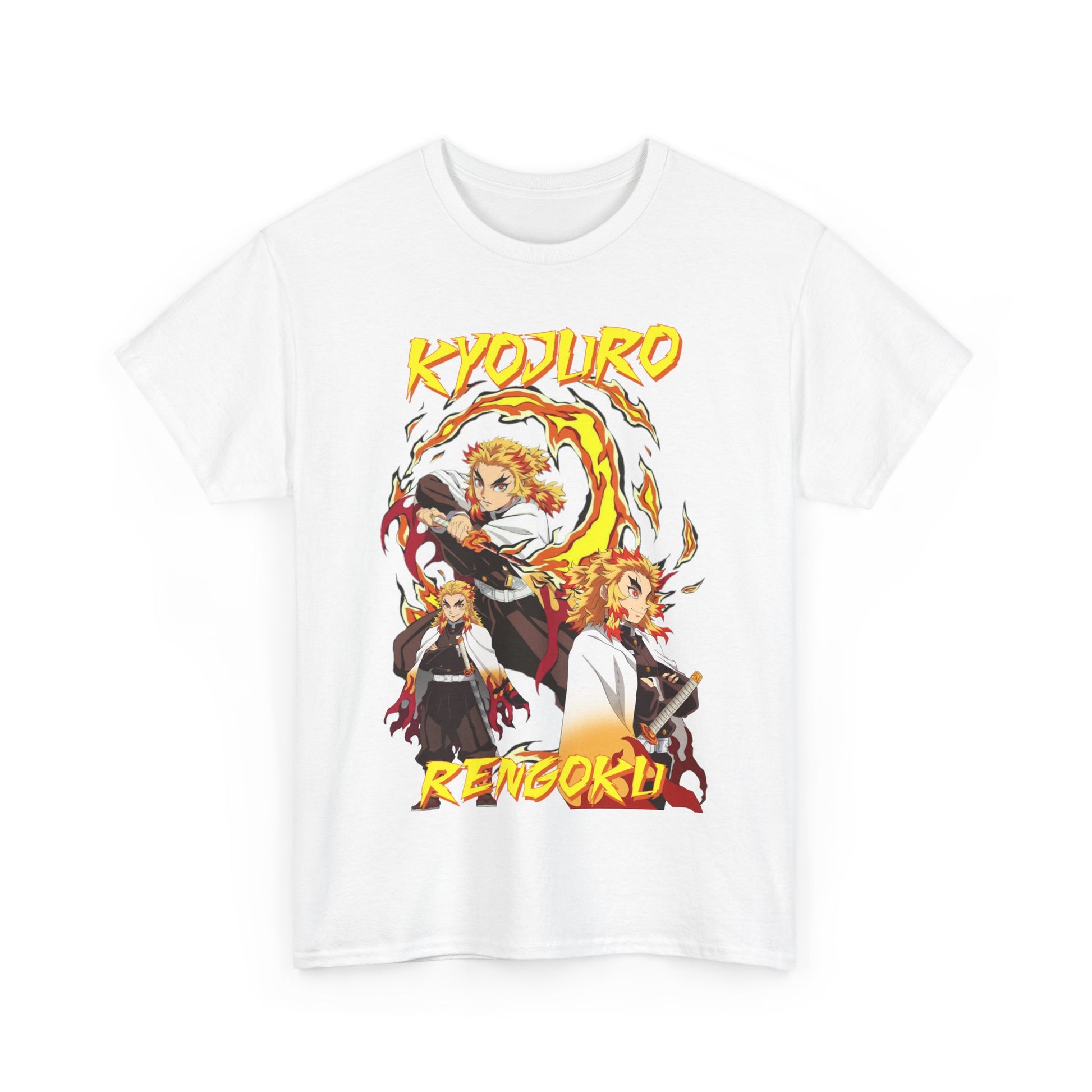 Elegant white Kyojuro Rengoku t-shirt featuring bold graphics of the anime character enveloped in flames, a stunning addition to any fashion-savvy anime wardrobe.