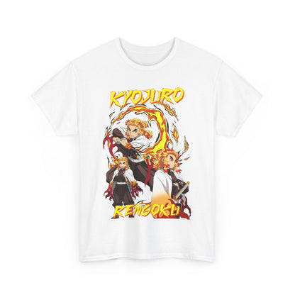 Elegant white Kyojuro Rengoku t-shirt featuring bold graphics of the anime character enveloped in flames, a stunning addition to any fashion-savvy anime wardrobe.