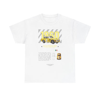 Elegant men's t-shirt featuring a vibrant yellow graphic of the classic 1960 Aston Martin DB4 GT Zagato, set against a sophisticated white background, showcasing automotive heritage and luxury style.