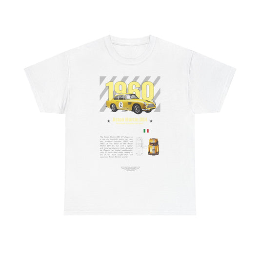 Stylish Aston Martin DB4 GT Zagato t-shirt displaying a striking yellow sports car, with the year 1960 highlighted and a crisp white background. Ideal for luxury fashion lovers who appreciate automotive history.