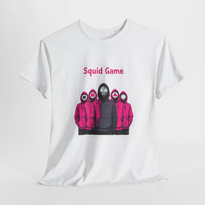 Sophisticated Squid Game Unisex T-Shirt artfully presented on a flat surface. The design highlights striking pink hooded figures against a light background, making a bold statement in modern fashion.