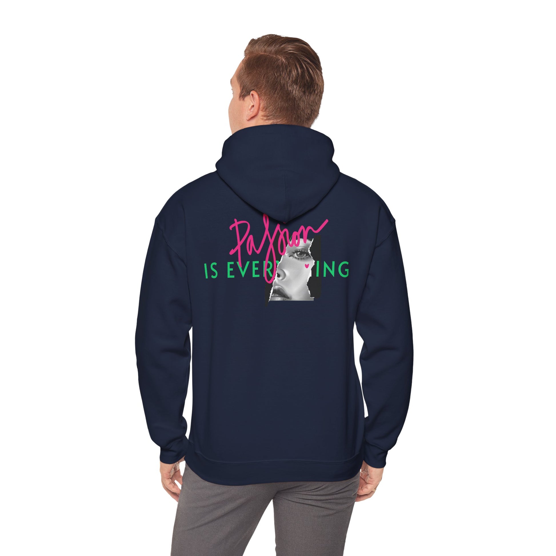 Fashion-forward navy hoodie featuring a striking back print with the words 'Passion IS EVERYTHING', complemented by a captivating black and white portrait, ideal for making a bold statement.