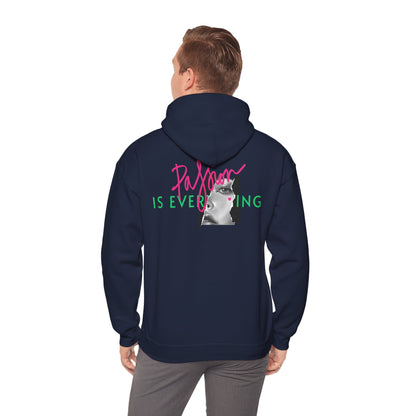 Fashion-forward navy hoodie featuring a striking back print with the words 'Passion IS EVERYTHING', complemented by a captivating black and white portrait, ideal for making a bold statement.