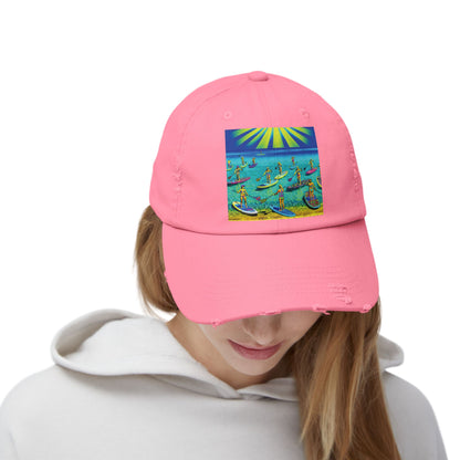 Front view of a model wearing the Unisex Distressed Paddleboarders Cap in pink, featuring a colourful paddleboarding graphic, perfect for water enthusiasts seeking luxury and style.