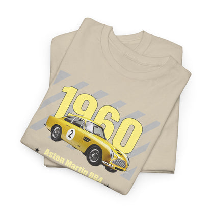 Stacked view of two cream Aston Martin DB4 GT Zagato T-Shirts with striking 1960 design, highlighting luxurious fabric and exclusive limited edition appeal.