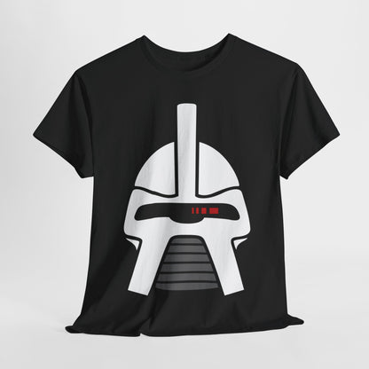 Battlestar Galactica Cylon Helmet Unisex Men's Women's Graphic T-Shirt Tee showcasing a striking black design featuring a bold Cylon helmet graphic in pristine white with sleek grey accents and a fierce red optical sensor.