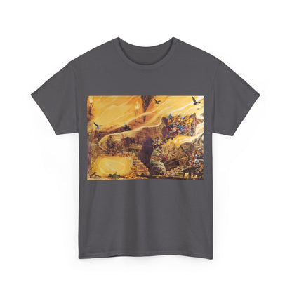 Front view revealing the captivating design on the Discworld Color of Magic Graphic Unisex Tee Shirt in grey, combining artistry and luxury.