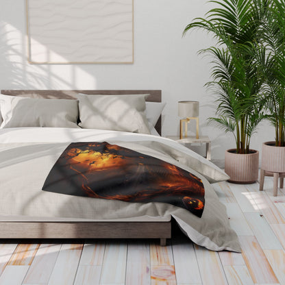 Luxurious Decorative and Warm Halloween Spooky Arctic Fleece Blanket draped elegantly across a stylish bed, showcasing a bewitching Halloween design.