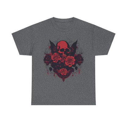 Skulls and Roses Cotton Tee in dark heather grey, adorned with a lavish skull and rose illustration, blending comfort and style.