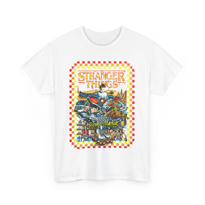 Elegant white tee embellished with a nostalgic 'Stranger Things Rink O Mania' illustration, perfect for fans of retro fashion and iconic series.