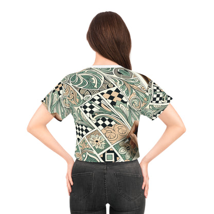 Fashion display of the Vivienne Belmont Crop Top by Dazzling Dreams Studio, emphasizing the soft polyester fabric and modern design for stylish layering.