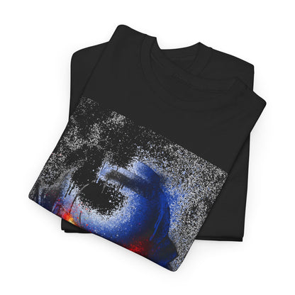 Stylish stacked black t-shirts featuring an eye-catching helmet graphic with luminous red eyes and texture, designed for trendy urban outfits.