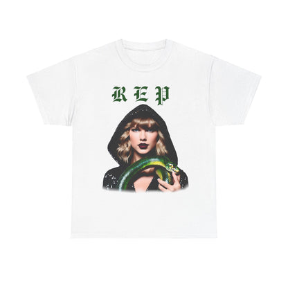 Taylor Swift Reputation Era unisex cotton t-shirt in white showcasing a captivating image of Taylor Swift in a glittery hooded outfit with a green snake, perfect for true Swifties. Available in 8 colours.