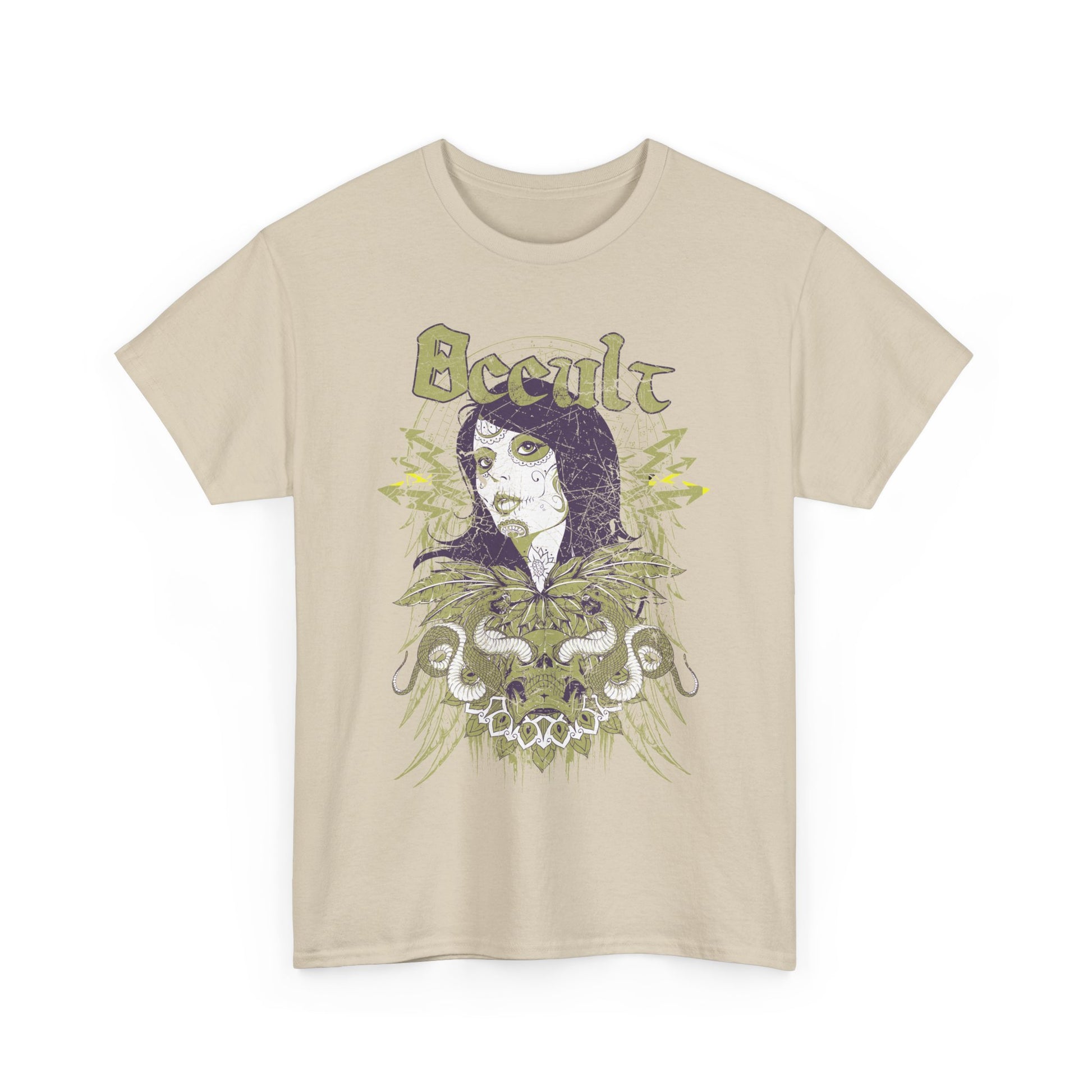 Chic Men's Graphic T-Shirt displayed in a serene beige, featuring an intricate Day of the Dead skull design complemented by whimsical elements in luxurious tones.