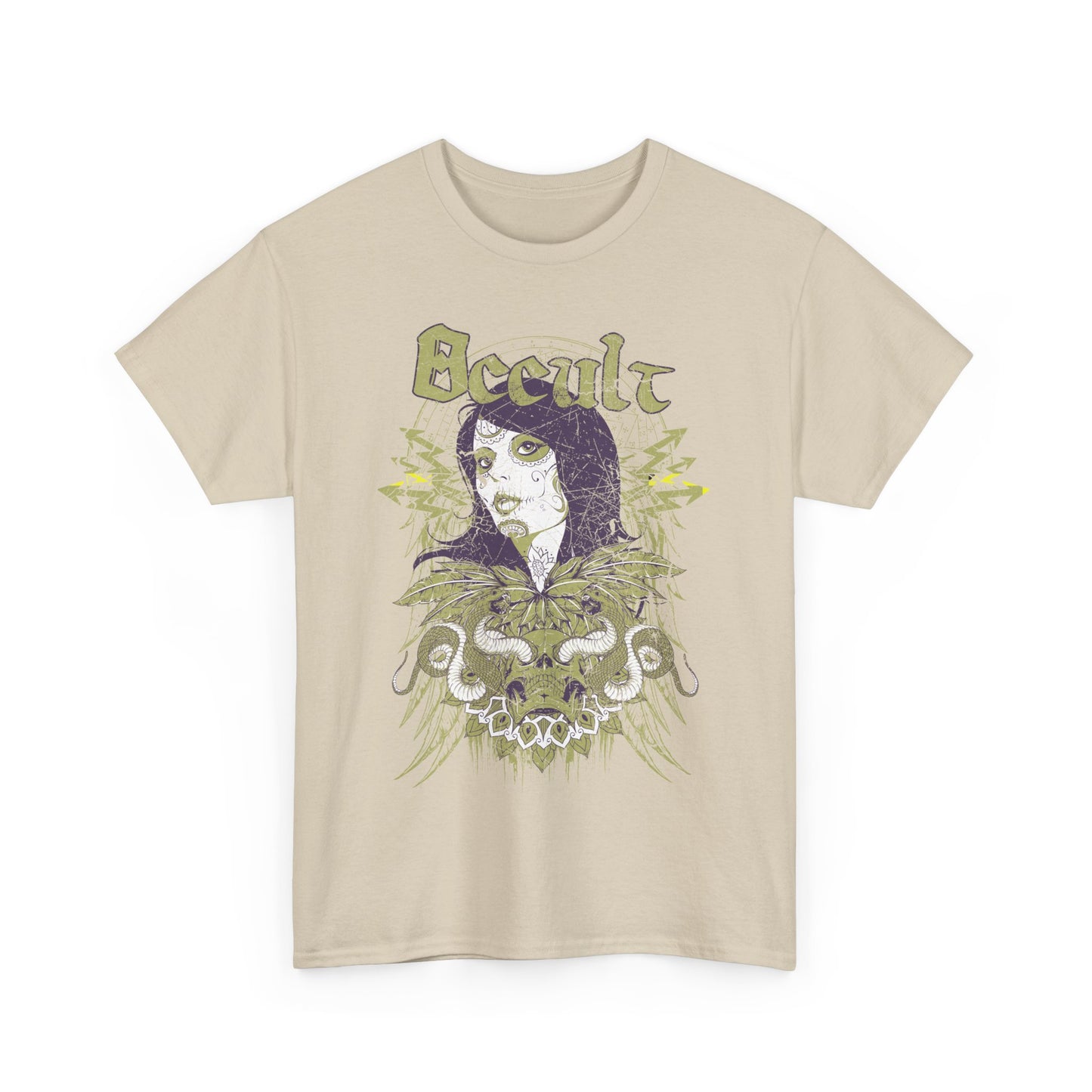 Elegant beige graphic t-shirt featuring a mystical 'Occult' design, adorned with intricate sugar skull artwork and serpentine motifs.