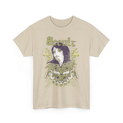 Elegant beige graphic t-shirt featuring a mystical 'Occult' design, adorned with intricate sugar skull artwork and serpentine motifs.