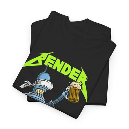 Luxurious folded Bender and Beer For All t-shirt highlighting its unique graphic design, a clever mashup of pop culture and humour.