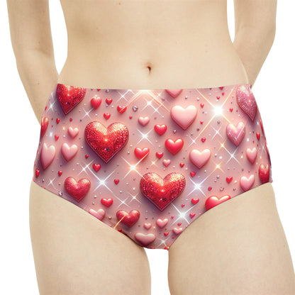 Luxurious Glittering Hearts High-Waist Hipster Bikini Bottom from Dazzling Dreams Studio, featuring a chic high-rise cut and vibrant glitter pattern, perfect for stylish summer beach days.