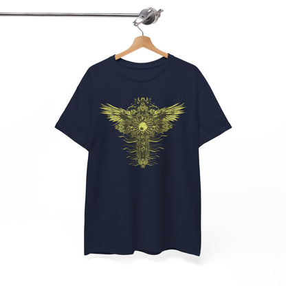 Navy blue men's t-shirt featuring a unique celestial cross graphic with ornate wings, elegantly hanging on a wooden hanger, embodying sophistication.