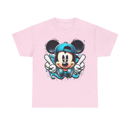 Stylish unisex Mickey Mouse Graffiti Graphic T-Shirt in pink, featuring Mickey’s bold graffiti design with a teal cap and headphones, ideal for those seeking creativity in fashion.