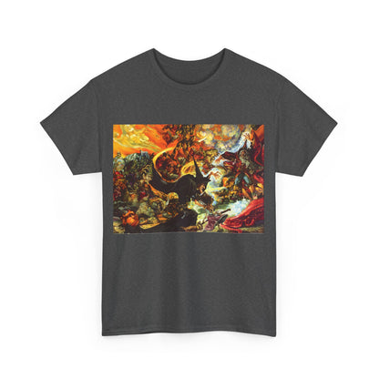 Front view of the Discworld Equal Rites Graphic Unisex Tee featuring vibrant artistic print inspired by Terry Pratchett's work, designed for literary fans.