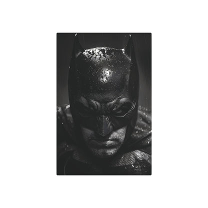Batman Metal Art Poster featuring a striking close-up of Batman's helmet, showcasing intricate details and a dramatic style, perfect for enhancing luxury home or office decor.