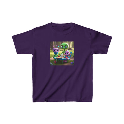 Kids Cute Aliens Heavy Cotton T-Shirt in deep purple, showcasing delightful alien characters that encourage imaginative play in a luxurious, soft cotton blend.