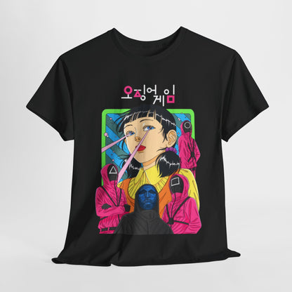 Luxurious black graphic cotton t-shirt featuring an artistic depiction inspired by the hit series Squid Game, showcasing vibrant colours and intricate character designs. Perfect for those who appreciate unique fashion statements.