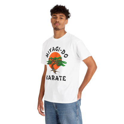 Exquisite unisex graphic t-shirt featuring a vibrant Miyagi-Do Karate design with a stylized bonsai tree and orange sun, perfect for martial arts enthusiasts.