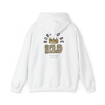 Elegant BORN TO BE BOLD back print hoodie in pristine white, featuring a luxurious golden crown design with intricate jewel embellishments and bold lettering, perfect for making a statement in style.