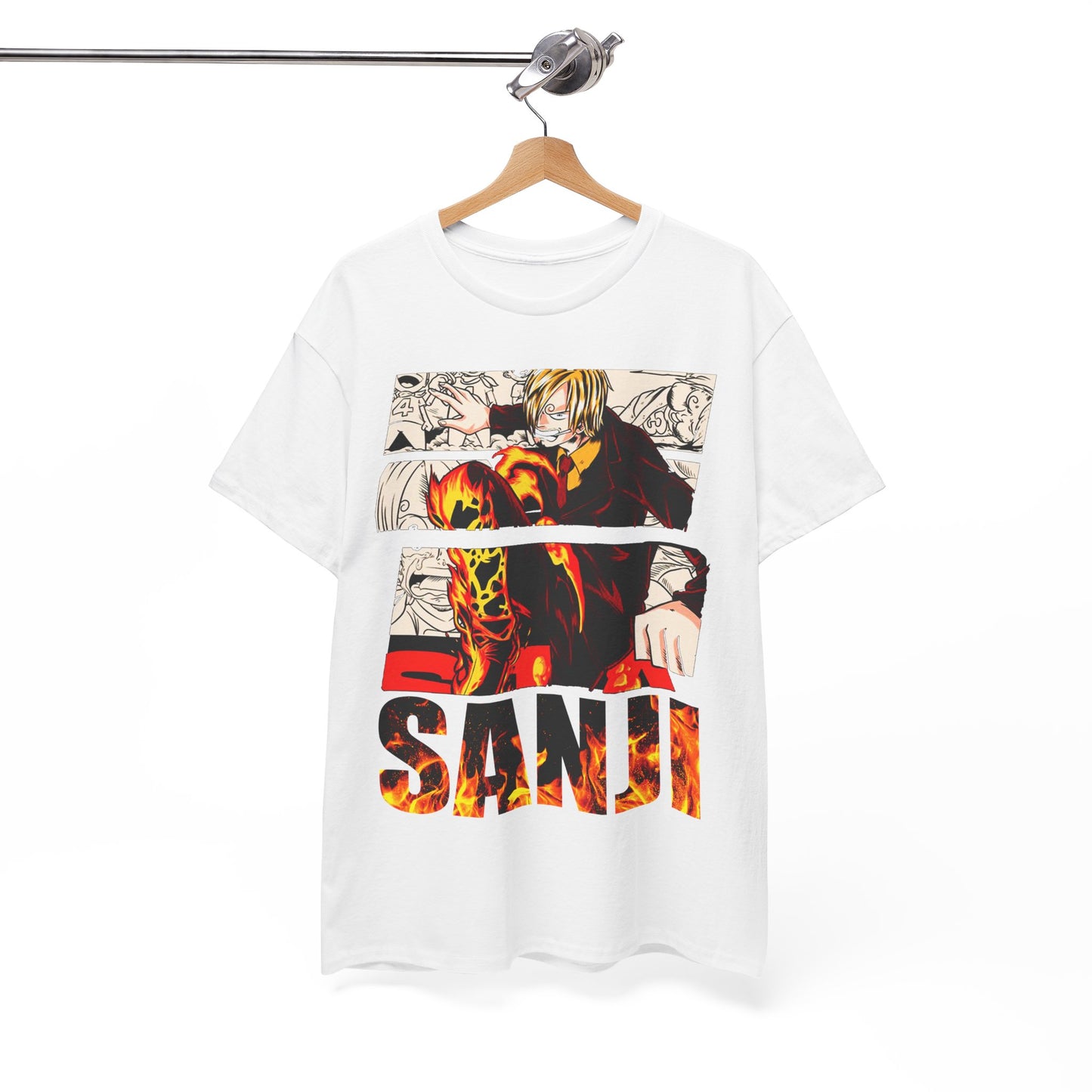 Elegant Sanji graphic tee featuring dynamic flames, exquisite artwork, and the character's name displayed prominently for anime aficionados.