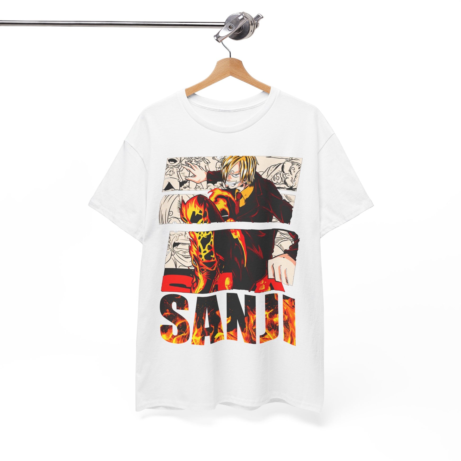 Elegant Sanji graphic tee featuring dynamic flames, exquisite artwork, and the character's name displayed prominently for anime aficionados.