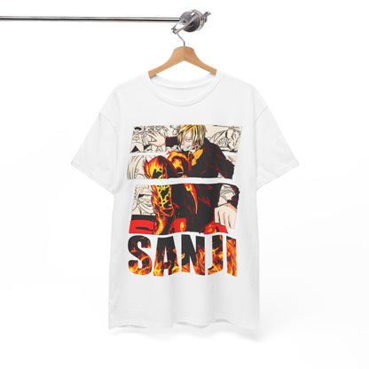 Elegant Sanji graphic tee featuring dynamic flames, exquisite artwork, and the character's name displayed prominently for anime aficionados.