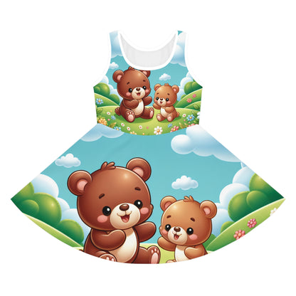 Isabella Couturiette Girls Teddy Bear Pencil Skirt featuring charming graphics of playful teddy bears in a vibrant outdoor setting, designed for stylish toddlers by Dazzling Dreams Studio, perfect for summer fashion.